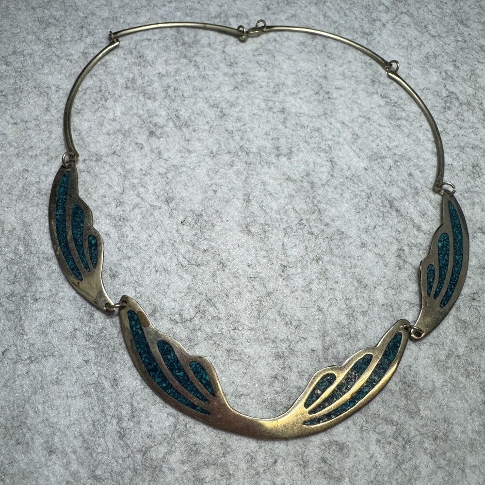 Vintage Alpaca Sterling Silver & Turquoise Chip Mosaic Inlay Necklace 60s - Picture 1 of 5